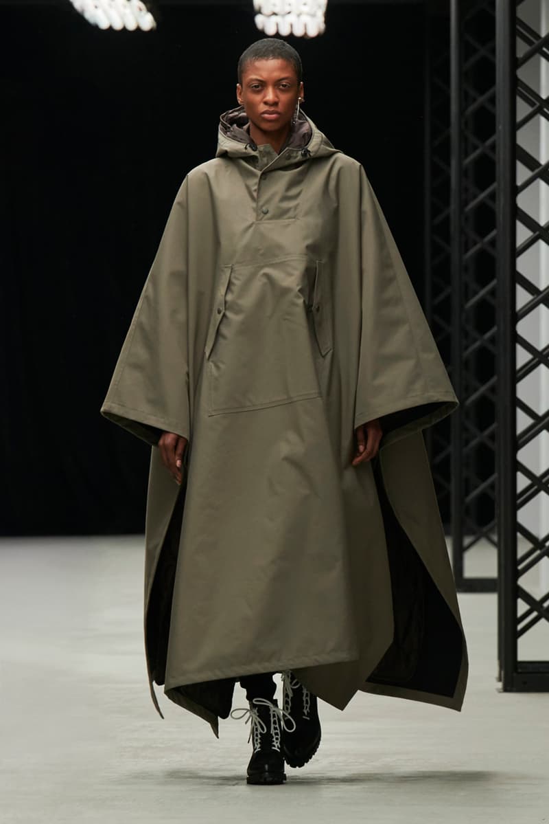 HYKE Fall/Winter 2020 Runway Collection adidas collaboration military coats jackets skirts speckled knitwear bags ponchos brown green black white 