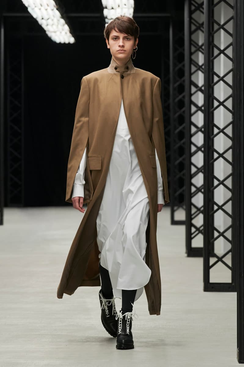 HYKE Fall/Winter 2020 Runway Collection adidas collaboration military coats jackets skirts speckled knitwear bags ponchos brown green black white 