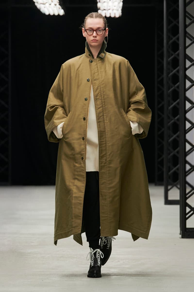 HYKE Fall/Winter 2020 Runway Collection adidas collaboration military coats jackets skirts speckled knitwear bags ponchos brown green black white 