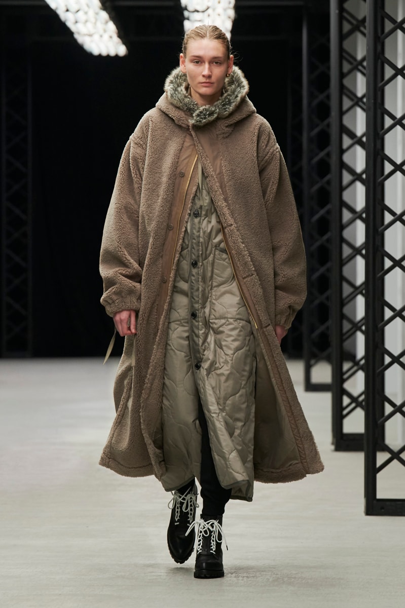 HYKE Fall/Winter 2020 Runway Collection adidas collaboration military coats jackets skirts speckled knitwear bags ponchos brown green black white 