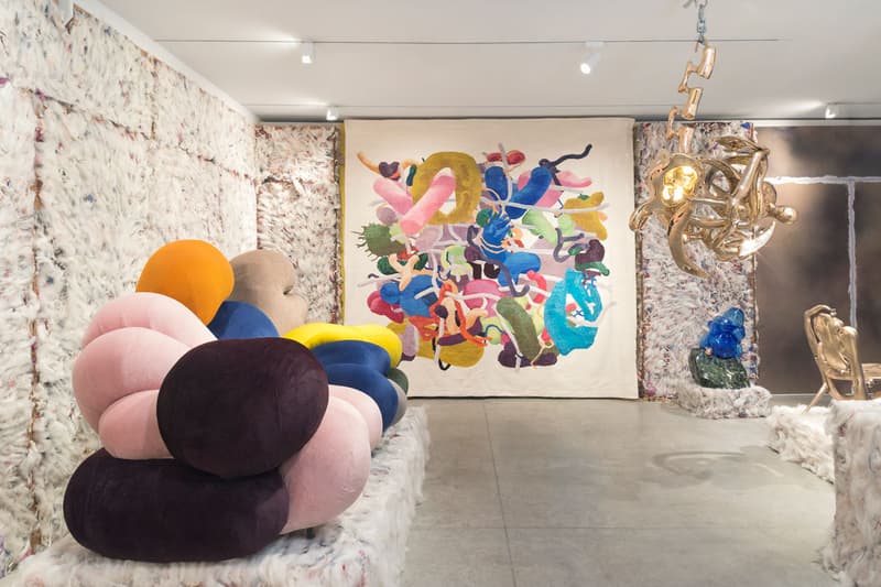 Misha Kahn "Soft Bodies, Hard Spaces" Exhibition Friedman Benda Gallery Design Show Sculptural Objects Sofas Chandeliers Chairs Lamps