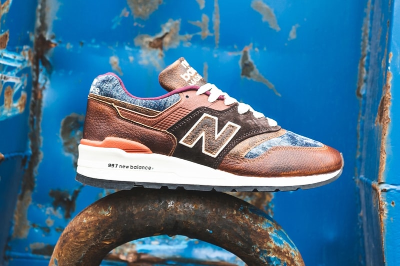 new balance 997 elevated basics made in USA blue denim brown leather release date info photos price patina m997soc