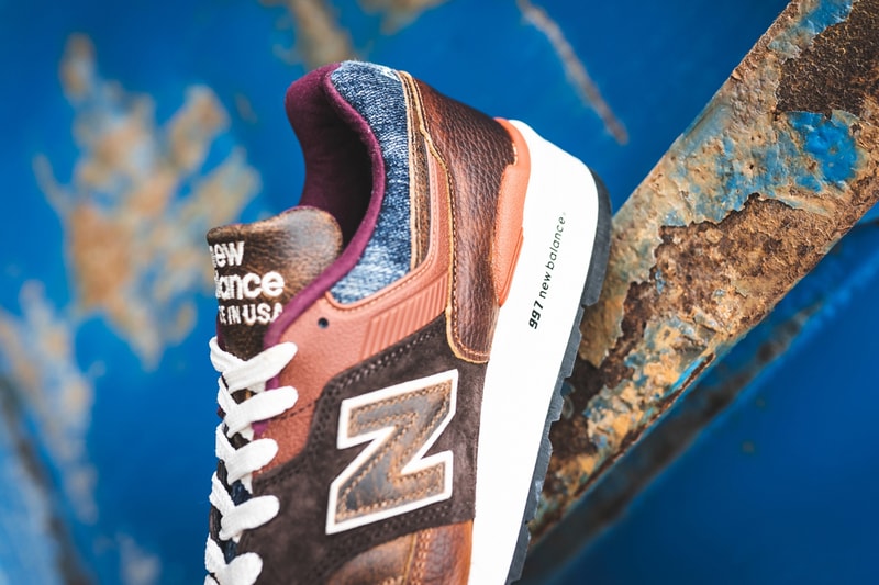 new balance 997 elevated basics made in USA blue denim brown leather release date info photos price patina m997soc