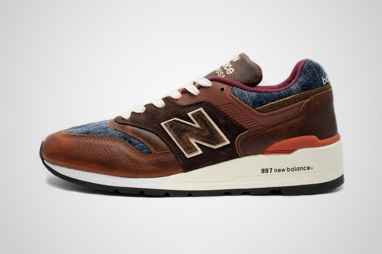 new balance 997 elevated basics made in USA blue denim brown leather release date info photos price patina m997soc