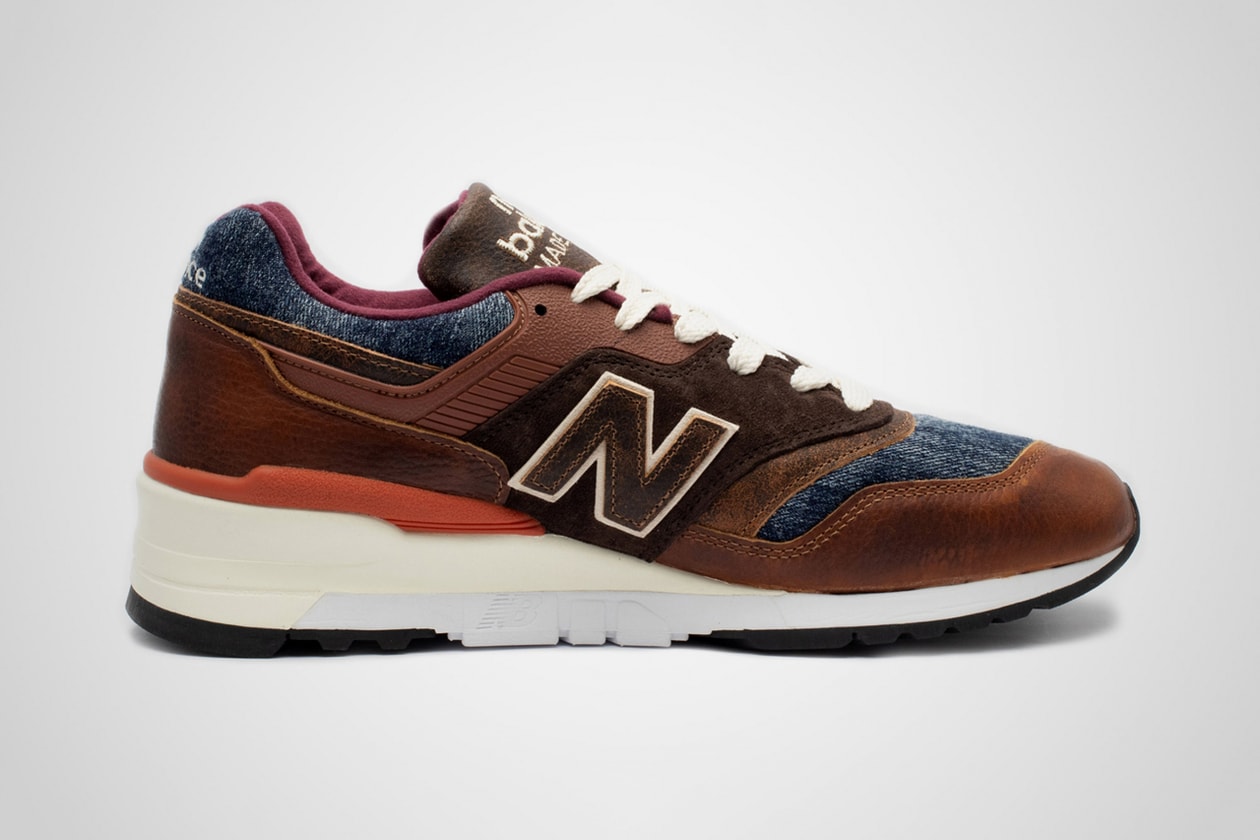 new balance 997 elevated basics made in USA blue denim brown leather release date info photos price patina m997soc