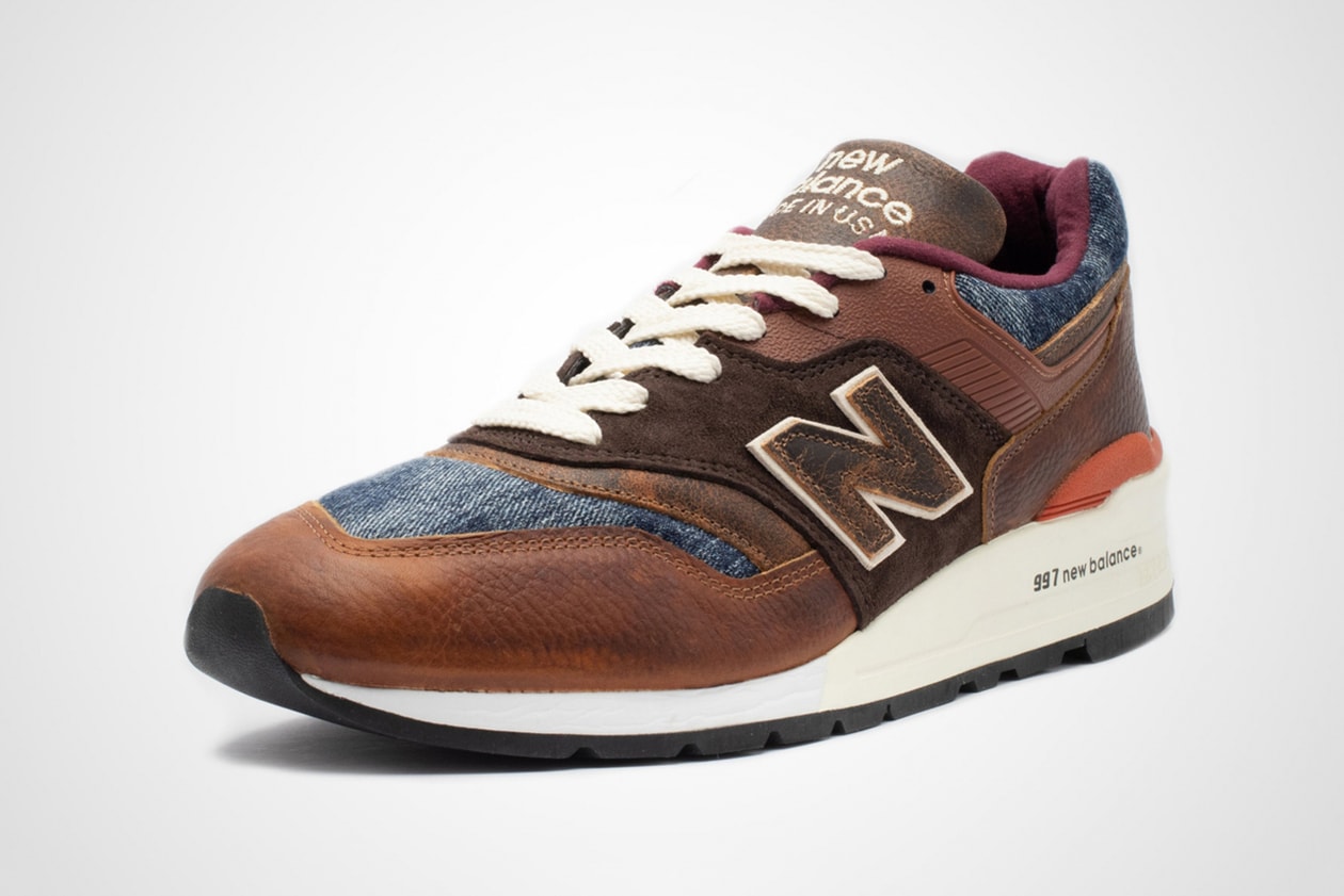 new balance 997 elevated basics made in USA blue denim brown leather release date info photos price patina m997soc