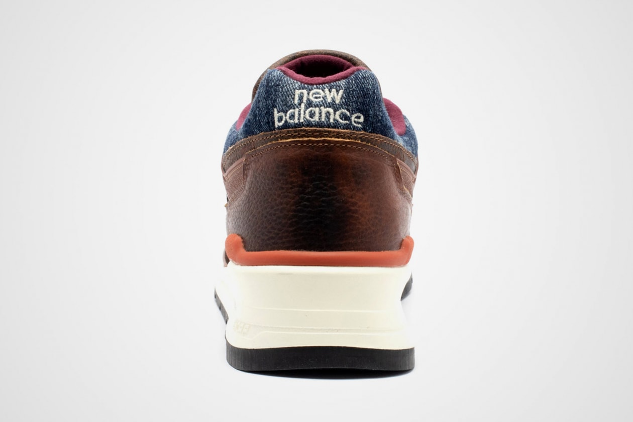 new balance 997 elevated basics made in USA blue denim brown leather release date info photos price patina m997soc