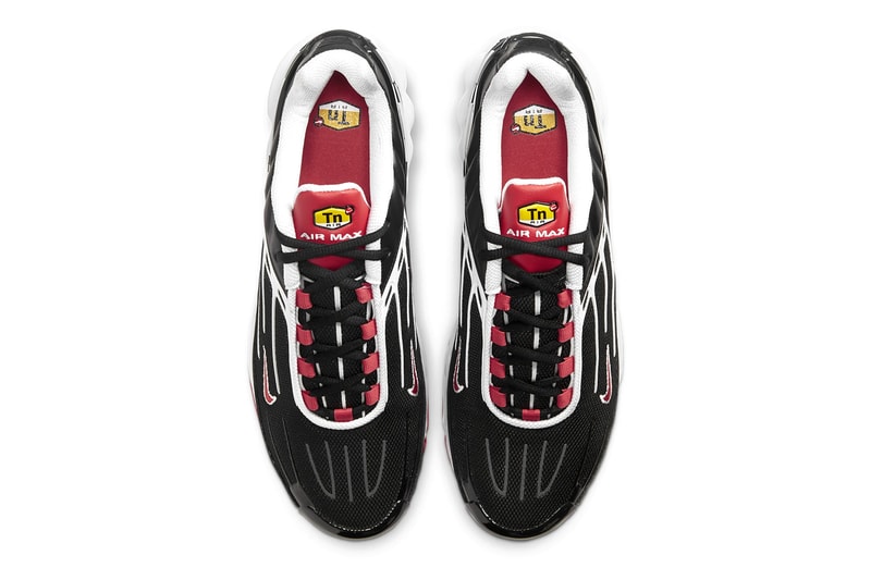 Nike Air Max Plus 3 Black Track Red white menswear streetwear shoes sneakers trainers runners kicks swoosh CJ0601 001 tpu tongue tip spring summer 2020 collection logo