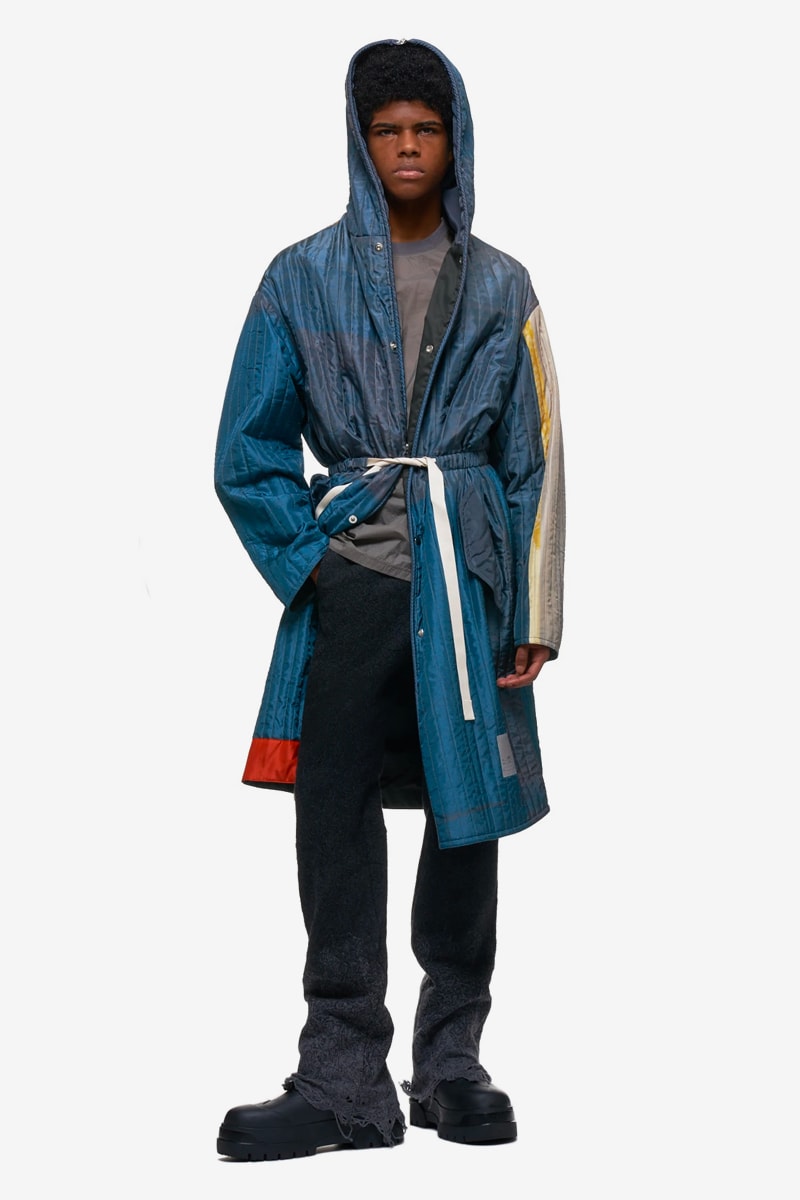 OAMC Quilted Hood Coat Zip Up Jacket multi color panel sheen nylon padded blue multicolor made in italy menswear streetwear spring summer 2020 collection luke meir ss20 tops