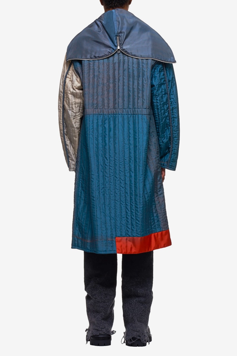 OAMC Quilted Hood Coat Zip Up Jacket multi color panel sheen nylon padded blue multicolor made in italy menswear streetwear spring summer 2020 collection luke meir ss20 tops