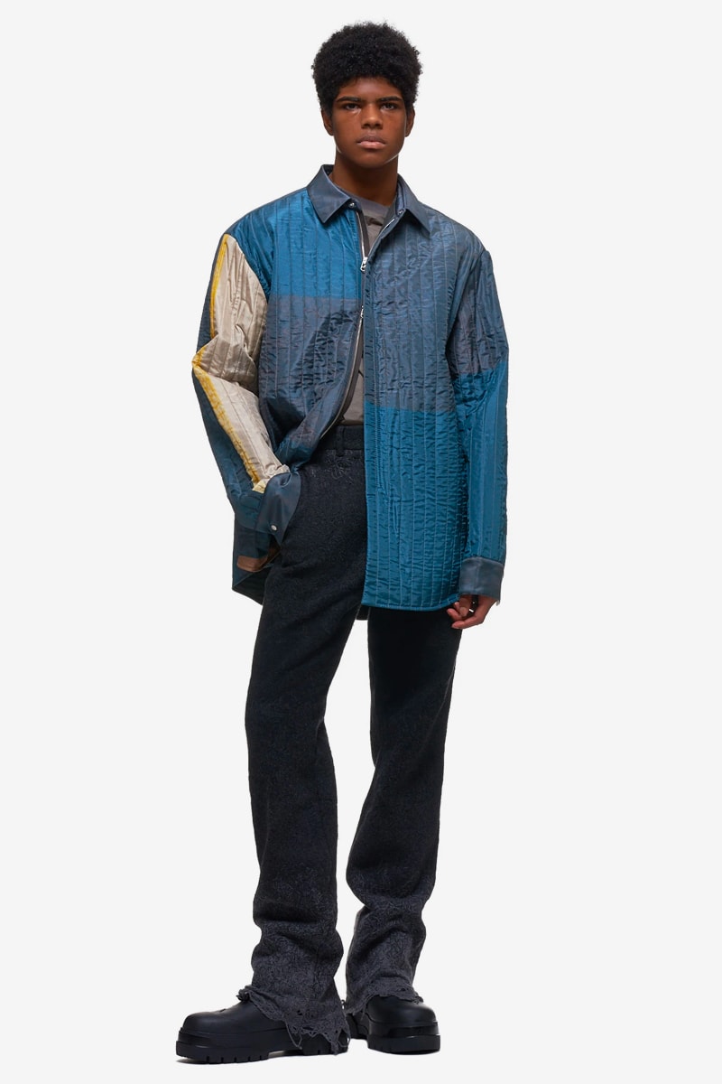 OAMC Quilted Hood Coat Zip Up Jacket multi color panel sheen nylon padded blue multicolor made in italy menswear streetwear spring summer 2020 collection luke meir ss20 tops