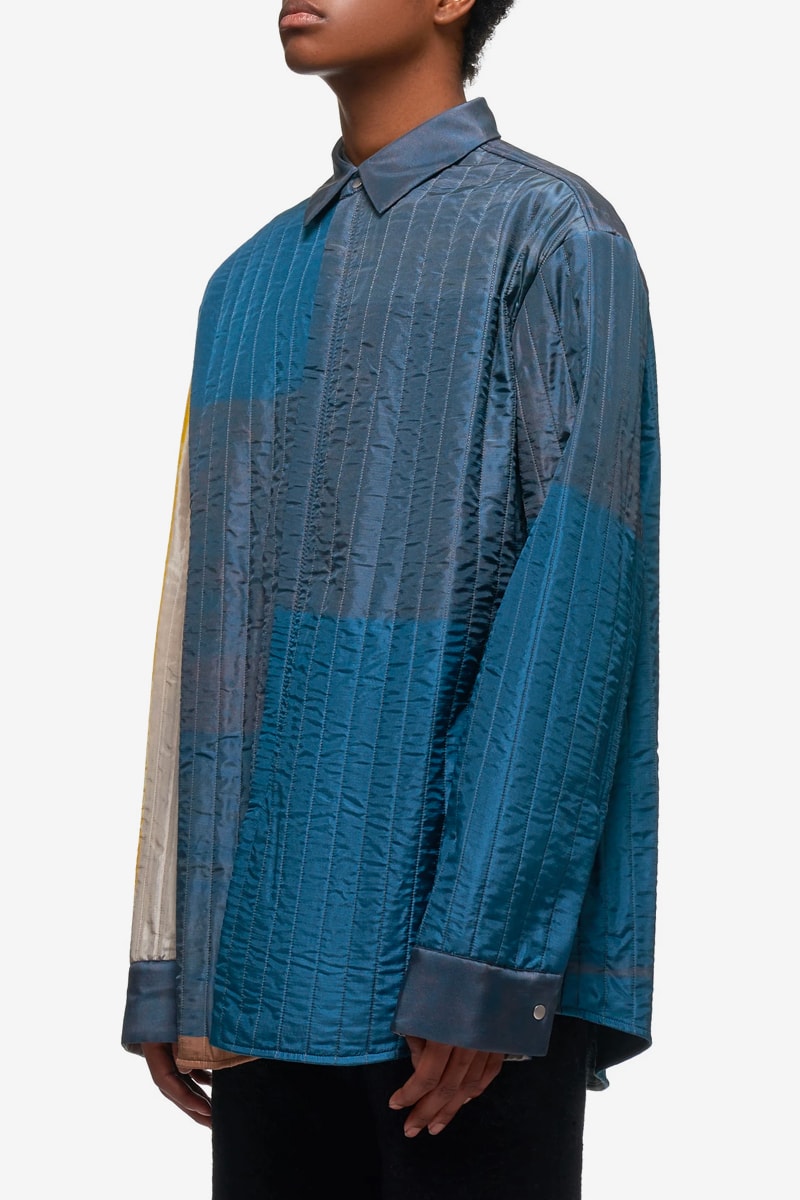 OAMC Quilted Hood Coat Zip Up Jacket multi color panel sheen nylon padded blue multicolor made in italy menswear streetwear spring summer 2020 collection luke meir ss20 tops