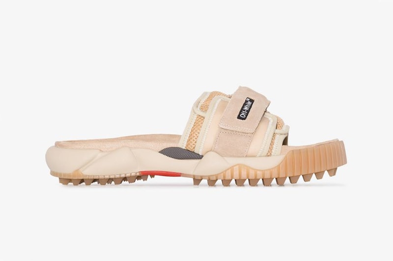 Off-White Beige ODSY Velcro Strap Slides Virgil abloh arrows browns fashion sandals suede ripple sole summer open-toe 