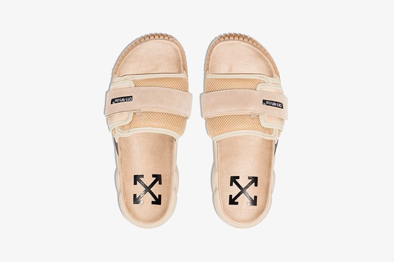 Off-White Beige ODSY Velcro Strap Slides Virgil abloh arrows browns fashion sandals suede ripple sole summer open-toe 