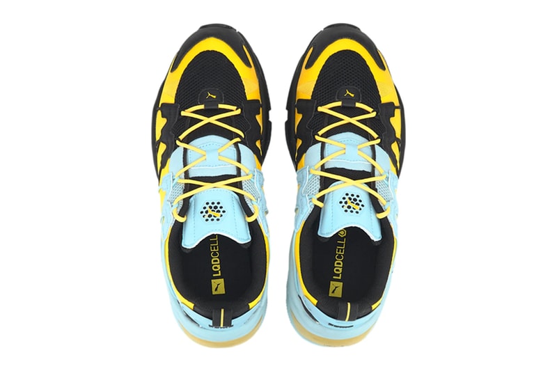 PUMA LQD CELL OMEGA Striped Knit Black Ultra Yellow 371476 06 menswear streetwear footwear shoes sneakers trainers runners spring summer 2020 collection EVA TPE JELL midsole