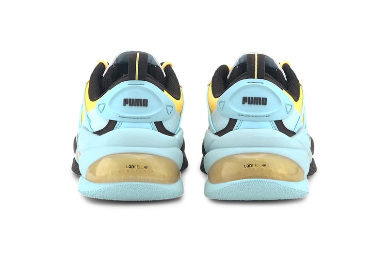 PUMA LQD CELL OMEGA Striped Knit Black Ultra Yellow 371476 06 menswear streetwear footwear shoes sneakers trainers runners spring summer 2020 collection EVA TPE JELL midsole