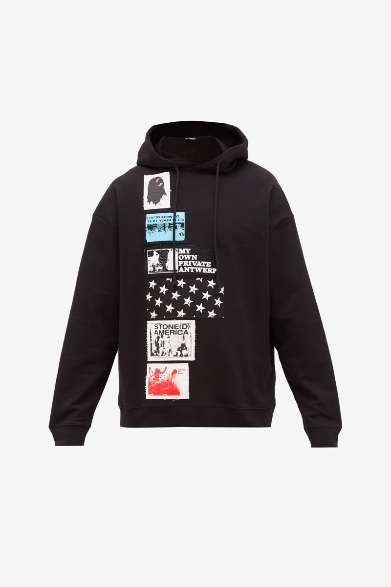 Raf Simons Applique Patch Hoodie menswear streetwear spring summer 2020 ss20 pullovers cotton jersey graphics loopback casual sweater black artwork collage designer drawstrings