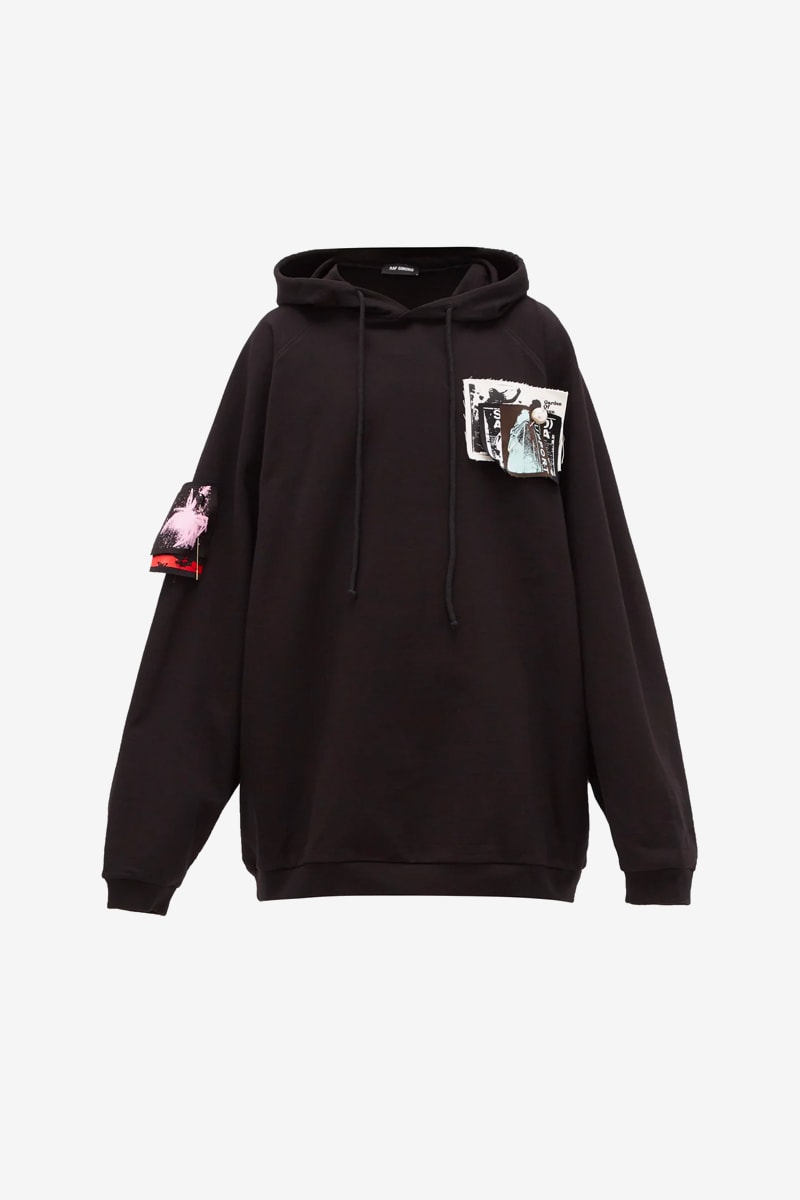 Raf Simons Applique Patch Hoodie menswear streetwear spring summer 2020 ss20 pullovers cotton jersey graphics loopback casual sweater black artwork collage designer drawstrings