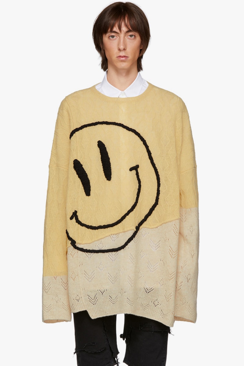 Raf Simons Oversized Collage Smiley Sweater T shirt made in italy merino wool menswear streetwear spring summer 2020 collection capsule knitwear intarsia cartoon motif graphics