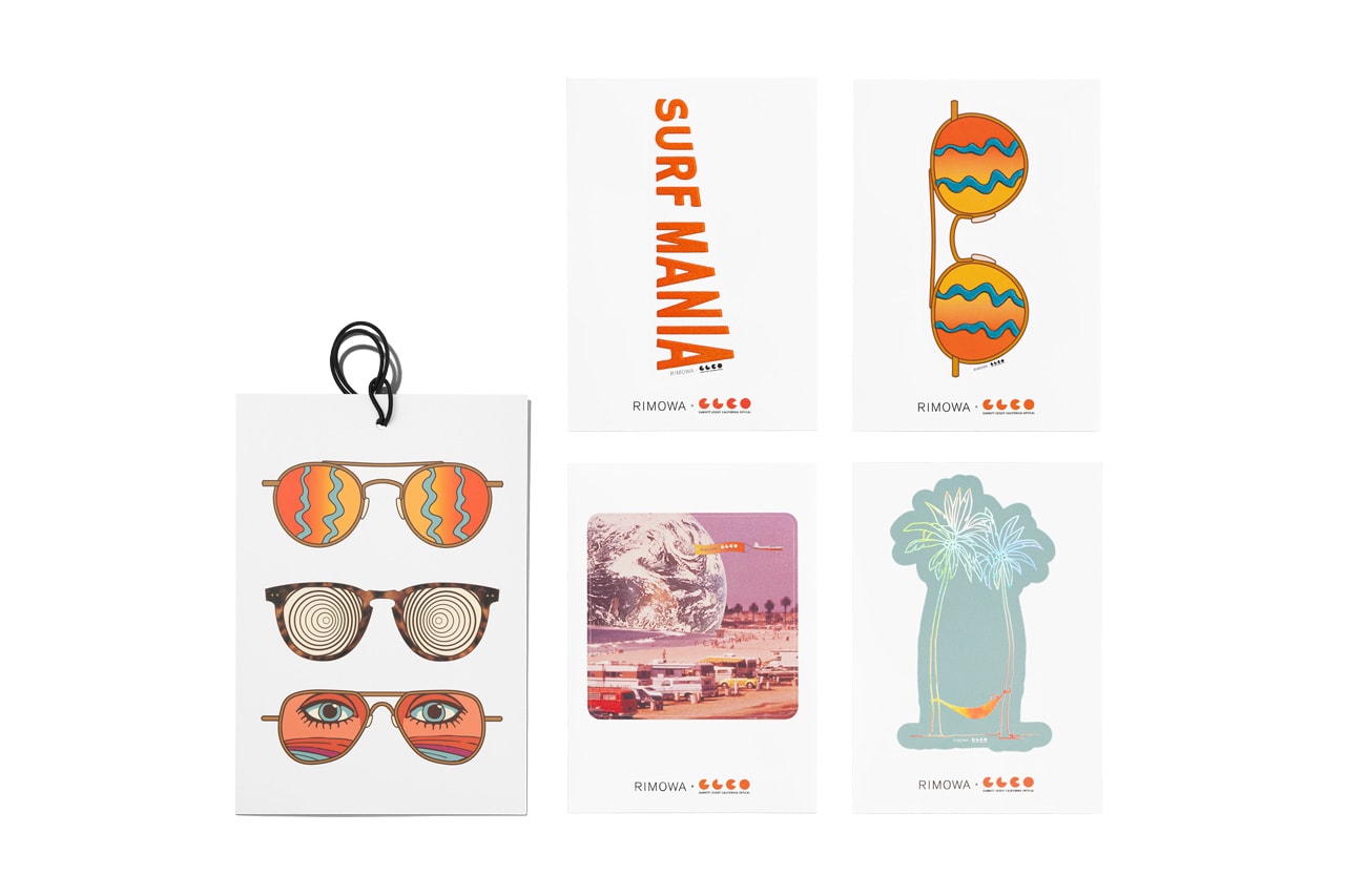 GLCO x RIMOWA Capsule Collection Release Suitcase Luggage Tag Sticker Set Sunglasses Surf Wax Towels California Coast Venice Beach Surf Culture Psychedelic Art