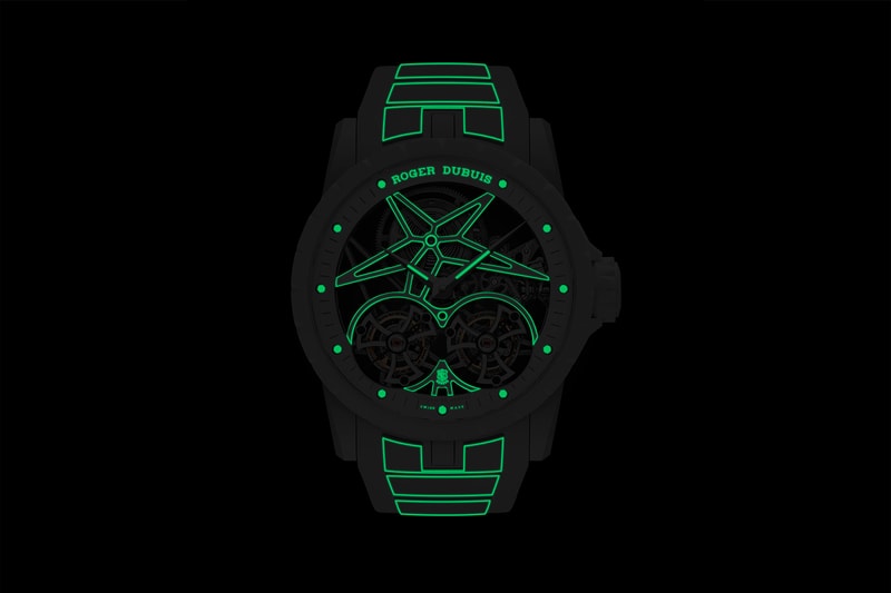 Roger Dubuis Double Flying Tourbillon Excalibur Twofold Watch Info glow lume Poinçon de Genève movement complication Swiss watches 