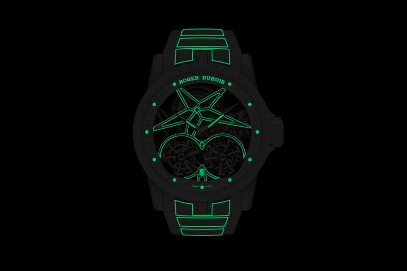 Roger Dubuis Double Flying Tourbillon Excalibur Twofold Watch Info glow lume Poinçon de Genève movement complication Swiss watches