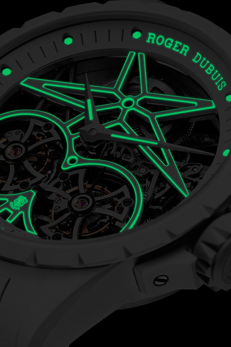 Roger Dubuis Double Flying Tourbillon Excalibur Twofold Watch Info glow lume Poinçon de Genève movement complication Swiss watches 