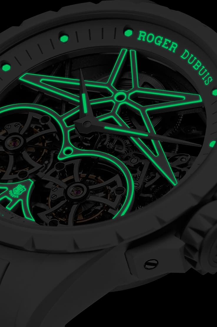 Roger Dubuis Double Flying Tourbillon Excalibur Twofold Watch Info glow lume Poinçon de Genève movement complication Swiss watches