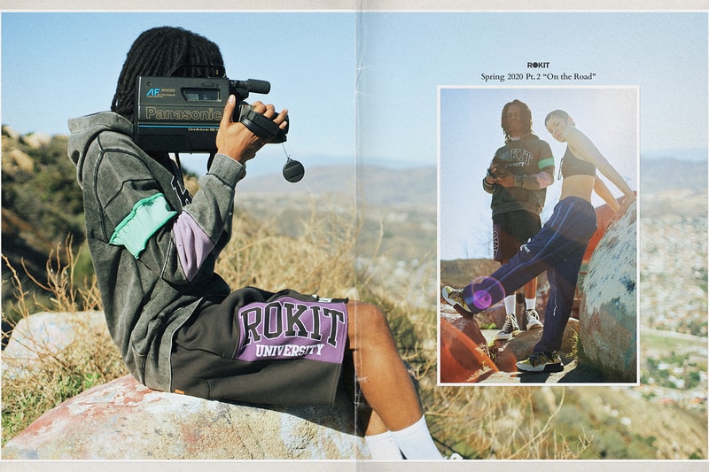 Rokit Spring 2020 Lookbook collection capsule menswear streetwear los angeles graphic tees sweaters hoodies shorts collage layout Nick Joseph on the road print jackets t shirts