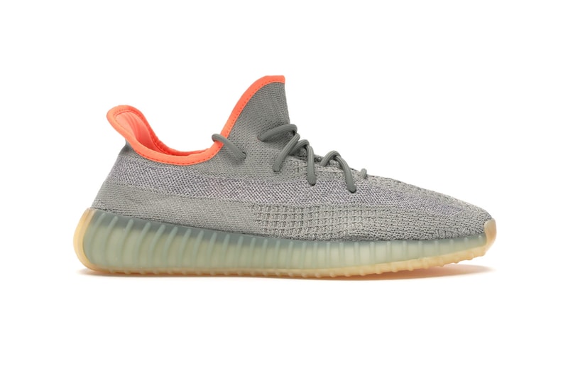 StockX Military-Inspired adidas YEEZY 350 v2 weaved laces contrasting orange sockliner desert sage Primeknit upper tonal side stripe