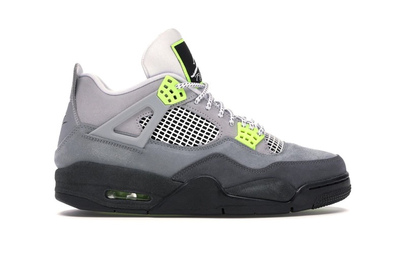 Tinker Hatfield Sergio Lozano Air Max month enlarged 'Flight' tongue patch is half Jumpman logo in white and half in volt tonal grey upper white netting underlays neon color hues rope laces 3M reflective upside-down “AIR JORDAN” patches matching high-vis reflective “NIKE AIR” heel tab two-tone black sole unit darkened mudguard volt air unit