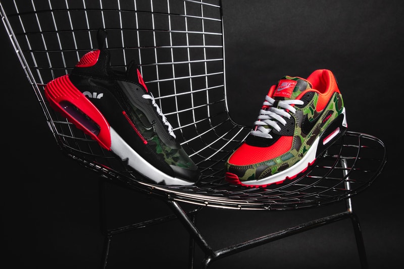 Nike Air Max Tinker Hatfield Air cushioning primary color vibrant red camouflage Nike Air branded heel tab white midsole a black outsole