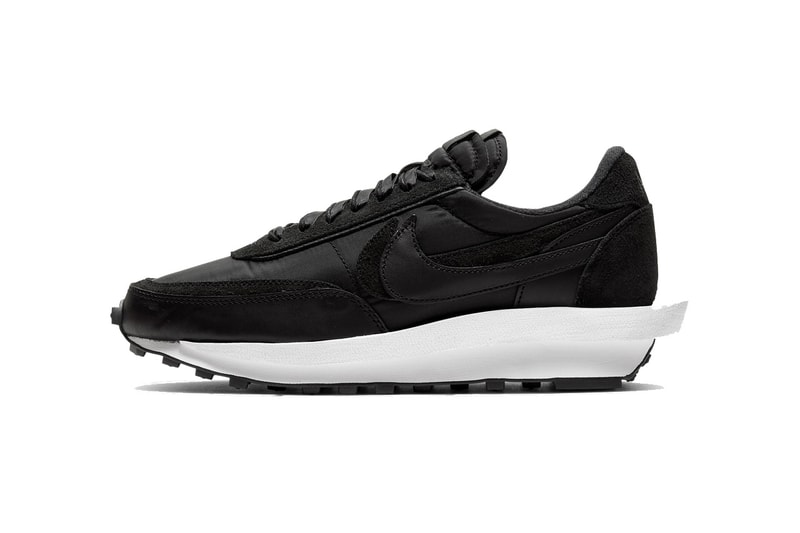 StockX Nike LD Waffle Sacai Nylon Black White Nylon Suede Panels Grey leather stacked tongues NIKE branding tongue tags midfoot Swooshes lipped midsole waffle marked rubber outsole