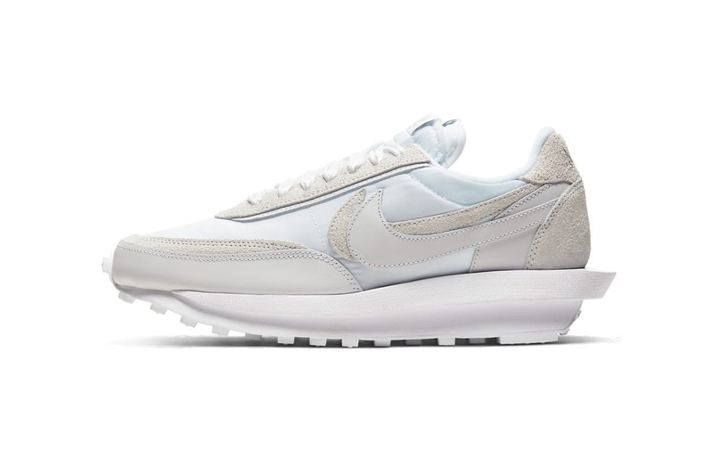 StockX Nike LD Waffle Sacai Nylon Black White Nylon Suede Panels Grey leather stacked tongues NIKE branding tongue tags midfoot Swooshes lipped midsole waffle marked rubber outsole