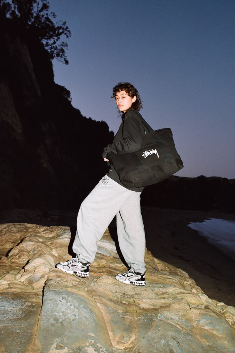 stussy nike air zoon spiridon cage 2 pure platinum black fossil white sweatshirt sweatpants tote bag apparel release date info photos price