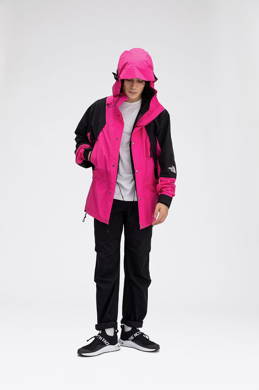 pink and green north face jacket