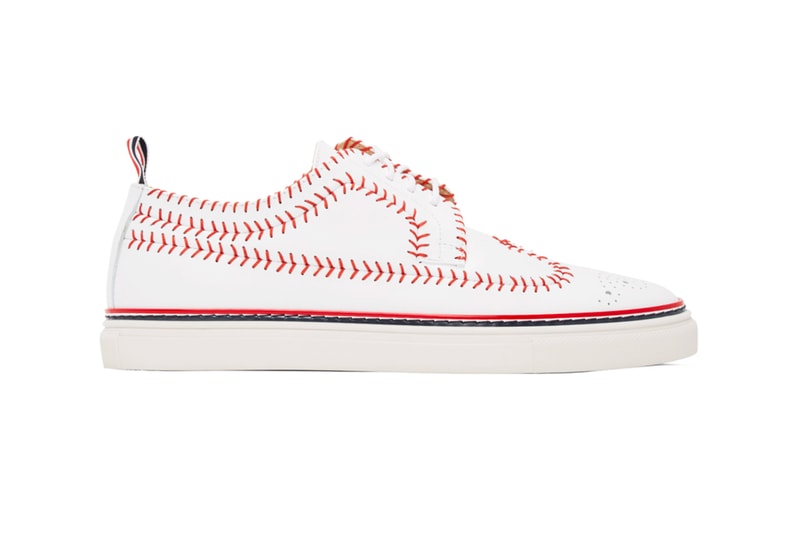 Thom Browne White Longwing Spectator Baseball Brogue Sneakers footwear shoes trainers dress shoes sartorial menswear streetwear stitching red tri color logo spring summer 2020
