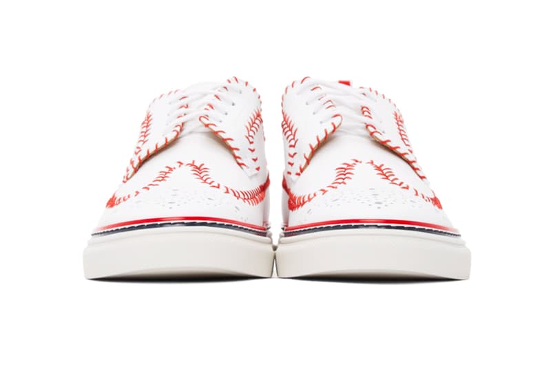 Thom Browne White Longwing Spectator Baseball Brogue Sneakers footwear shoes trainers dress shoes sartorial menswear streetwear stitching red tri color logo spring summer 2020