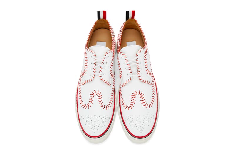 Thom Browne White Longwing Spectator Baseball Brogue Sneakers footwear shoes trainers dress shoes sartorial menswear streetwear stitching red tri color logo spring summer 2020