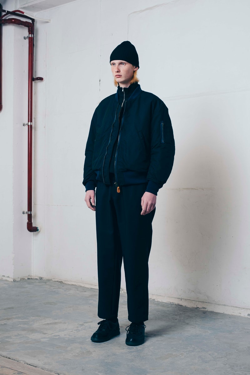 Tone Fall/Winter 2020 Lookbook Collection Knitwear Sweaters Outerwear Flight Jackets Military Coat Vests Trousers Wool Work Pants Striped Shirt Beanies Field Hats