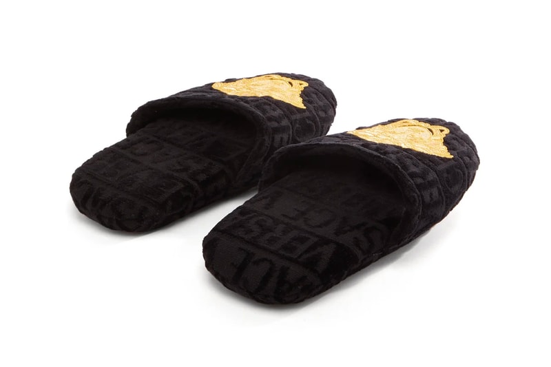 Versace Medusa-Embroidered Logo-Velvet Slippers Release Info Black Gold Buy Price