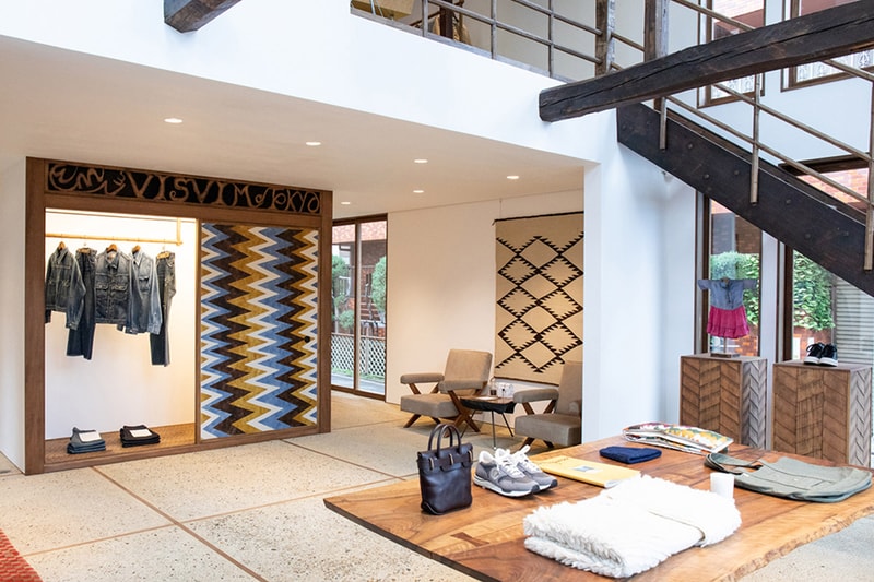 Take a Look Inside WMV Visvim's Tokyo Flagship  interior storefront kelsi nakamura  womens line womenswear arai-dashi ganpishi paper Echizen washi Katazurizome dyeing takehogaki fences zen buddhism design