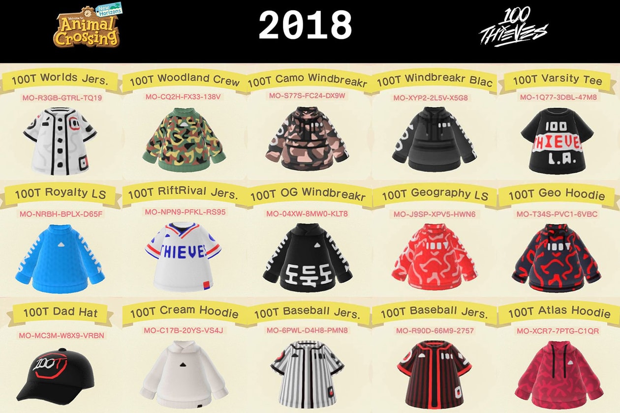 100 thieves gaming animal crossing full apparel collection release info camo windbreaker dad hat glitch tee numbers bomber