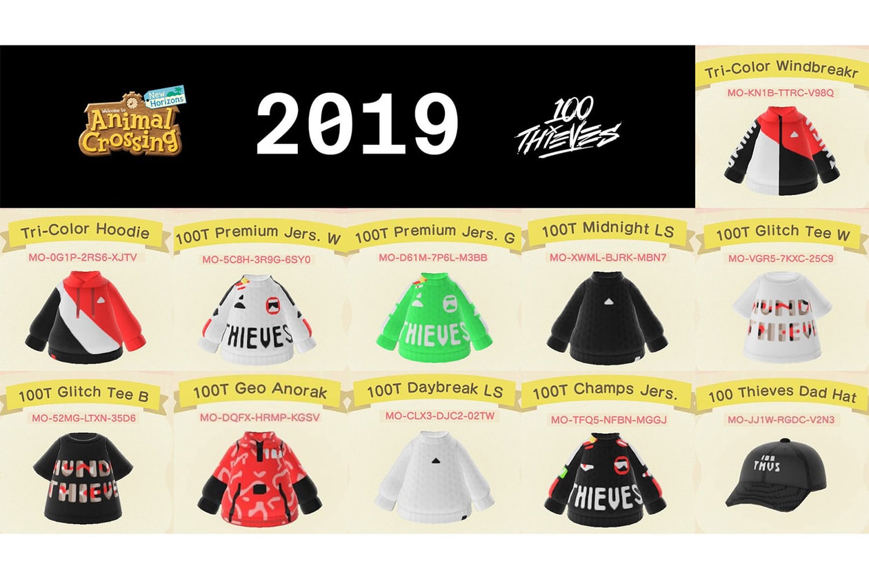 100 thieves gaming animal crossing full apparel collection release info camo windbreaker dad hat glitch tee numbers bomber