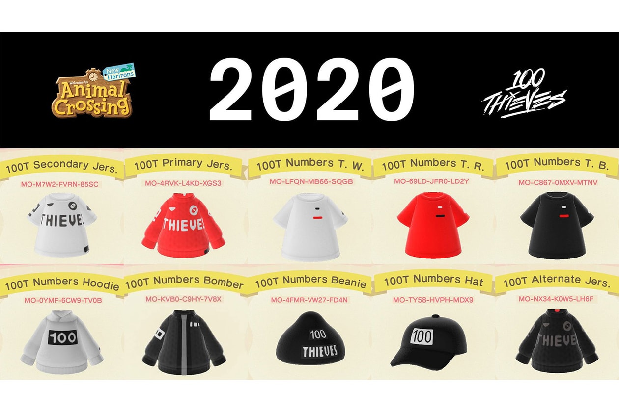 100 thieves gaming animal crossing full apparel collection release info camo windbreaker dad hat glitch tee numbers bomber