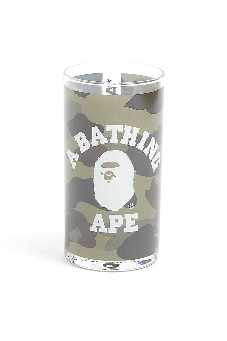 A BATHING APE 1st Camo College Print Glass Green Yellow Colorway BAPE Glasses Tumblers Homeware Design Kitchen Drinks Selfridges APE Logo