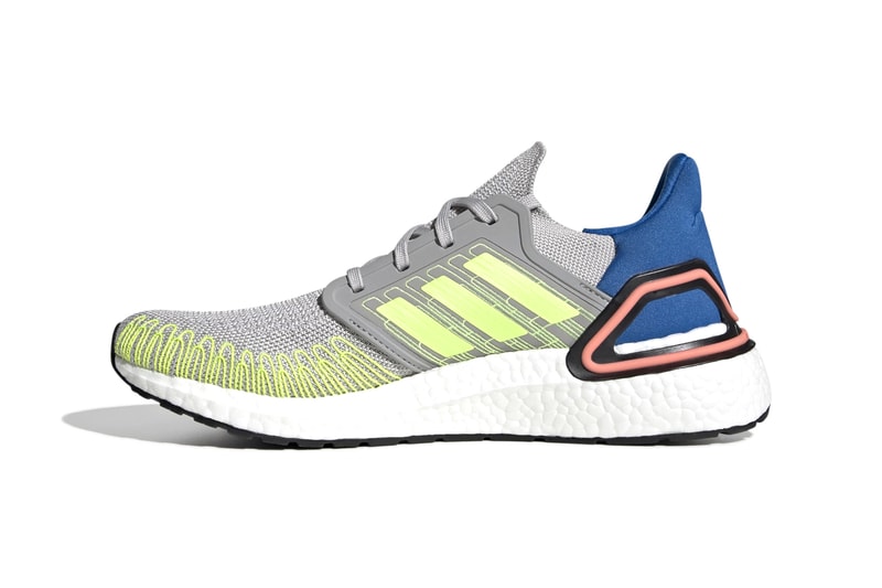 adidas UltraBOOST 20 "Grey Two/Signal Green/Glory Blue" Release Information Closer Look Three Stripes Running Shoes Tech BOOST FX0899 Continental Rubber Outsole Fiber Placement Primeknit Fabric