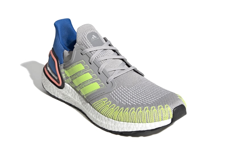 adidas UltraBOOST 20 "Grey Two/Signal Green/Glory Blue" Release Information Closer Look Three Stripes Running Shoes Tech BOOST FX0899 Continental Rubber Outsole Fiber Placement Primeknit Fabric