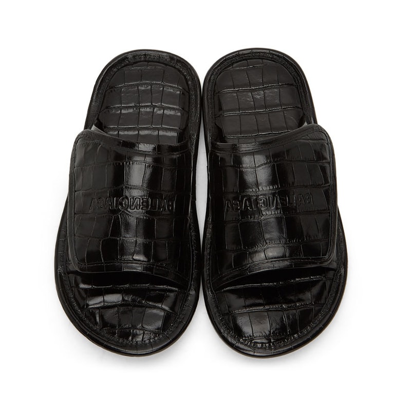 Balenciaga Black Croc Slides menswear streetwear footwear slides spring summer 2020 collection leather crocodile animal pattern luxury velcro branding logo