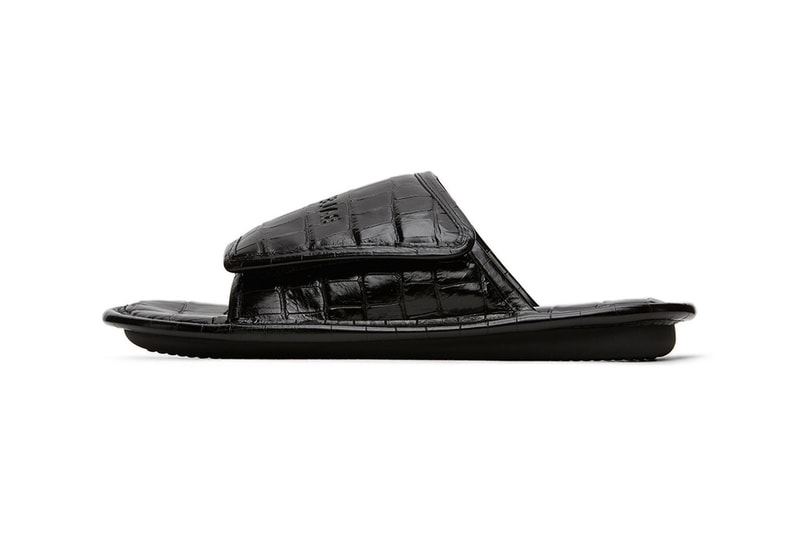 Balenciaga Black Croc Slides menswear streetwear footwear slides spring summer 2020 collection leather crocodile animal pattern luxury velcro branding logo